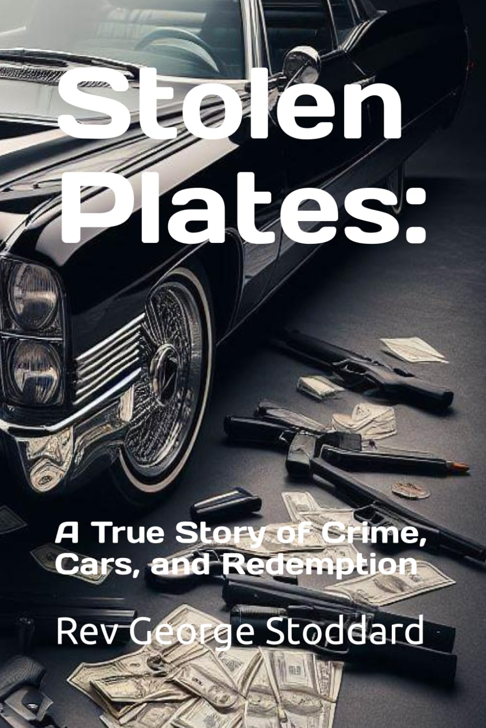 Stolen Plates by Rev. George Stoddard — book cover showing a black classic Cadillac with scattered cash and pistols